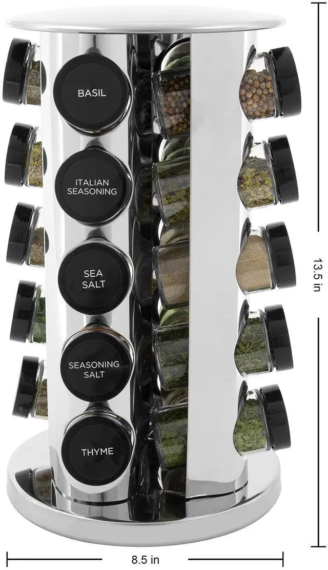 Alt view image 2 of 7 - Kamenstein 20 Jar Revolving Countertop Spice Rack with Spices Included, FREE Spice Refills for 5 Years, Polished Stainless Steel with Black Caps, 30020