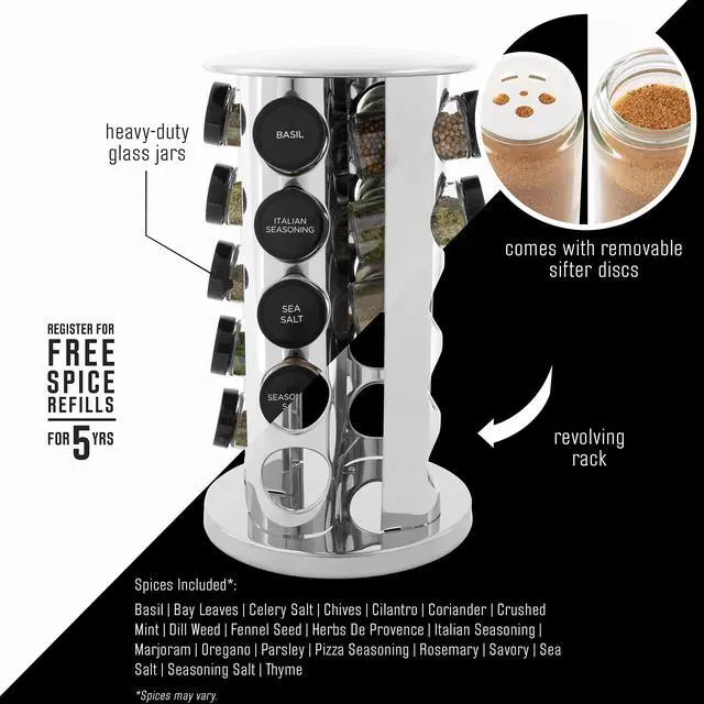 Alt view image 3 of 7 - Kamenstein 20 Jar Revolving Countertop Spice Rack with Spices Included, FREE Spice Refills for 5 Years, Polished Stainless Steel with Black Caps, 30020