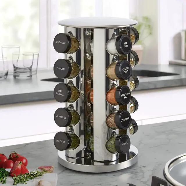 Alt view image 6 of 7 - Kamenstein 20 Jar Revolving Countertop Spice Rack with Spices Included, FREE Spice Refills for 5 Years, Polished Stainless Steel with Black Caps, 30020