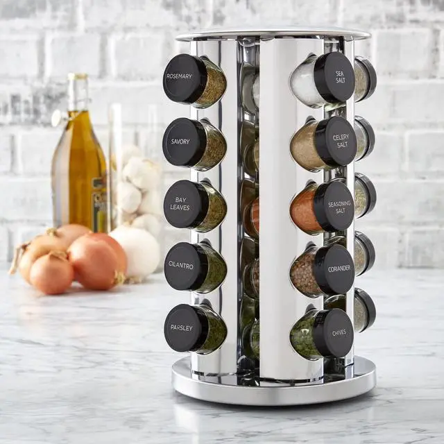 Alt view image 4 of 7 - Kamenstein 20 Jar Revolving Countertop Spice Rack with Spices Included, FREE Spice Refills for 5 Years, Polished Stainless Steel with Black Caps, 30020