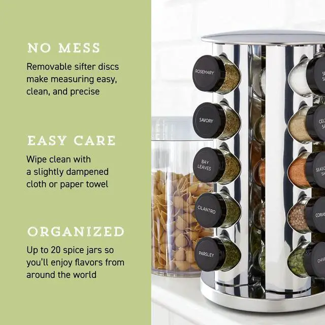 Alt view image 7 of 7 - Kamenstein 20 Jar Revolving Countertop Spice Rack with Spices Included, FREE Spice Refills for 5 Years, Polished Stainless Steel with Black Caps, 30020