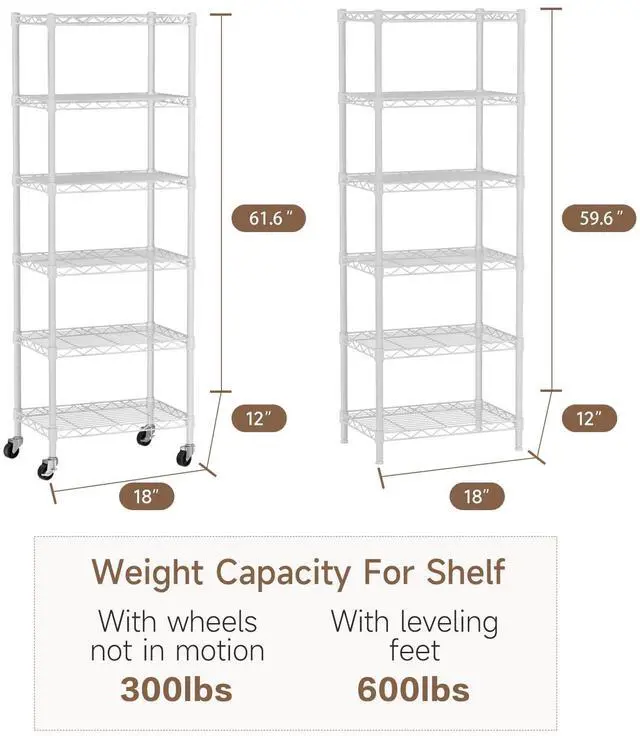 Alt view image 6 of 7 - Golpart Small 6 Tier Shelf Storage Wire Shelving Unit Metal Shelves Adjustable Organizers Storage Shelving with Wheels for Bathroom Laundry Room Kitchen Pantry12D x 18W x 61.6H White