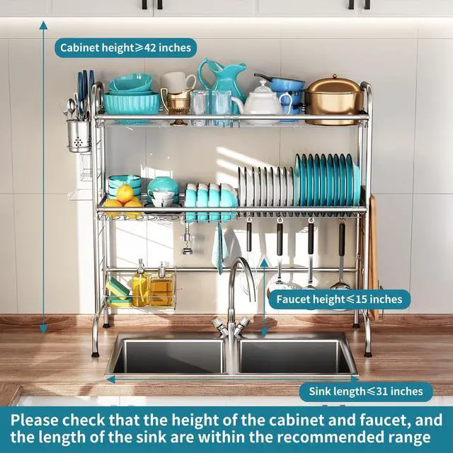 Alt view image 3 of 7 - HOWDIA Stainless Steel 2-Tier Over The Sink Dish Drying Rack with Utensil Holder, Large, for Kitchen Counter