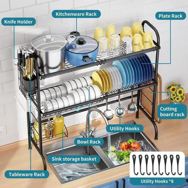 Alt view image 5 of 7 - HOWDIA 3-Tier Over The Sink Dish Drying Rack,Stainless Steel Dish Rack with Cutlery Holder & Chopping Board Rack, 33.9 x 11.4 x 32.3 for Maximum Kitchen StorageBlack