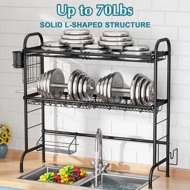Alt view image 6 of 7 - HOWDIA 3-Tier Over The Sink Dish Drying Rack,Stainless Steel Dish Rack with Cutlery Holder & Chopping Board Rack, 33.9 x 11.4 x 32.3 for Maximum Kitchen StorageBlack