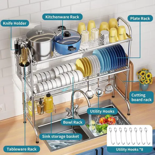 Alt view image 5 of 7 - HOWDIA Stainless Steel 2-Tier Over The Sink Dish Drying Rack with Utensil Holder, Large, for Kitchen Counter