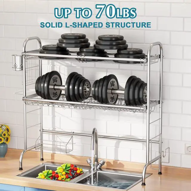 Alt view image 6 of 7 - HOWDIA Stainless Steel 2-Tier Over The Sink Dish Drying Rack with Utensil Holder, Large, for Kitchen Counter