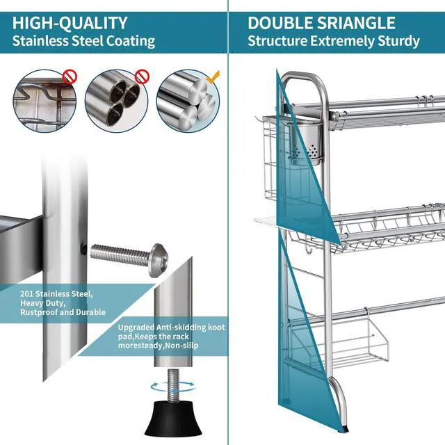 Alt view image 7 of 7 - HOWDIA Stainless Steel 2-Tier Over The Sink Dish Drying Rack with Utensil Holder, Large, for Kitchen Counter