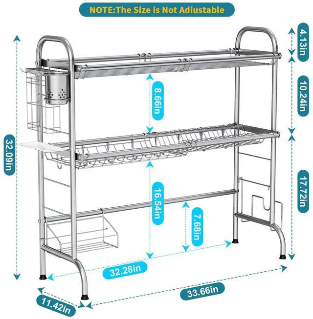 Alt view image 4 of 7 - HOWDIA Stainless Steel 2-Tier Over The Sink Dish Drying Rack with Utensil Holder, Large, for Kitchen Counter