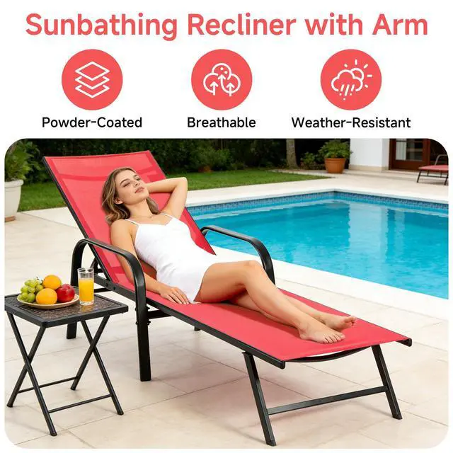 Alt view image 5 of 7 - DUMOS Outdoor Lounge Chaise, 5-Position Chaise Lounge with Armrests, Sun Tanning Chair 350 lbs Heavy Duty Patio Pool Chair, Waterproof Sun Lounger for Deck, Backyard, Beach & Poolside, Blue