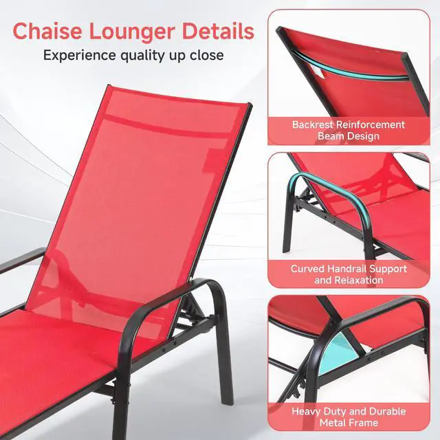 Alt view image 4 of 7 - DUMOS Outdoor Lounge Chaise, 5-Position Chaise Lounge with Armrests, Sun Tanning Chair 350 lbs Heavy Duty Patio Pool Chair, Waterproof Sun Lounger for Deck, Backyard, Beach & Poolside, Blue