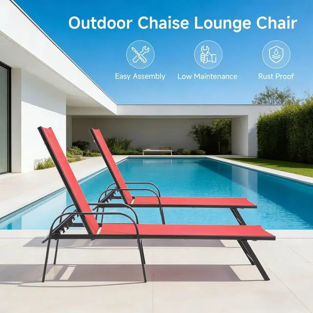 Alt view image 6 of 7 - DUMOS Outdoor Lounge Chaise, 5-Position Chaise Lounge with Armrests, Sun Tanning Chair 350 lbs Heavy Duty Patio Pool Chair, Waterproof Sun Lounger for Deck, Backyard, Beach & Poolside, Blue