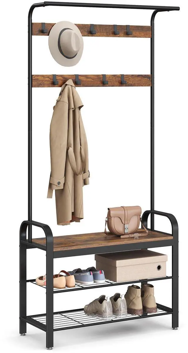 Main image of VASAGLE Coat Rack, Hall Tree with Shoe Bench for Entryway, Entryway Bench with Coat Rack, 4-in-1, with 9 Removable Hooks, a Hanging Rod, 13.3 x 33.1 x 72.1 Inches, Rustic Brown and Black UHSR400B01