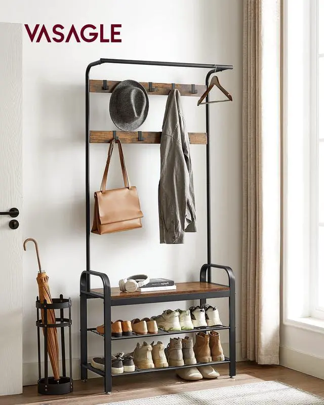Alt view image 2 of 7 - VASAGLE Coat Rack, Hall Tree with Shoe Bench for Entryway, Entryway Bench with Coat Rack, 4-in-1, with 9 Removable Hooks, a Hanging Rod, 13.3 x 33.1 x 72.1 Inches, Rustic Brown and Black UHSR400B01