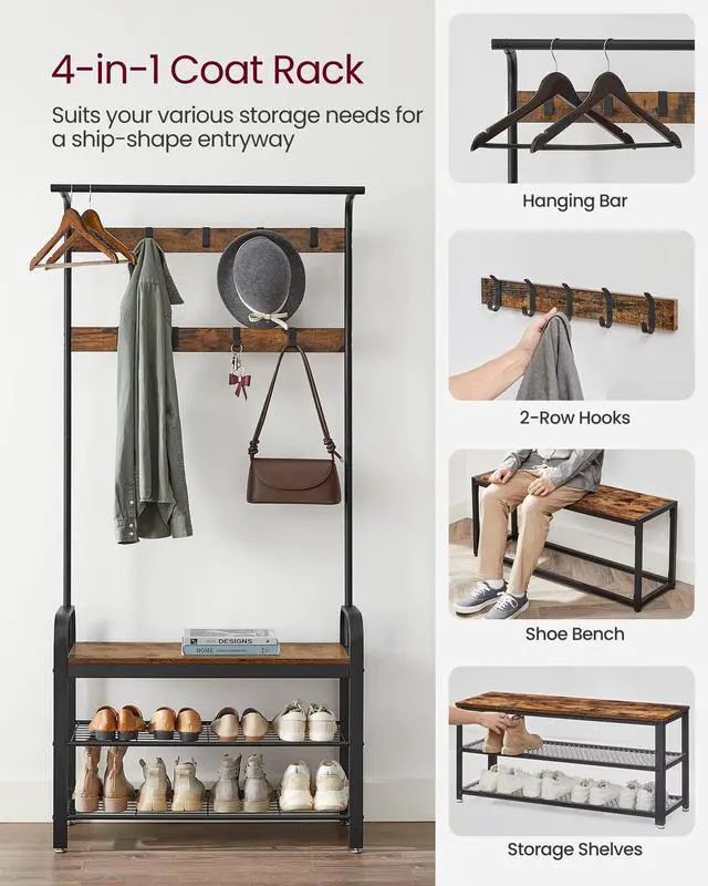 Alt view image 3 of 7 - VASAGLE Coat Rack, Hall Tree with Shoe Bench for Entryway, Entryway Bench with Coat Rack, 4-in-1, with 9 Removable Hooks, a Hanging Rod, 13.3 x 33.1 x 72.1 Inches, Rustic Brown and Black UHSR400B01