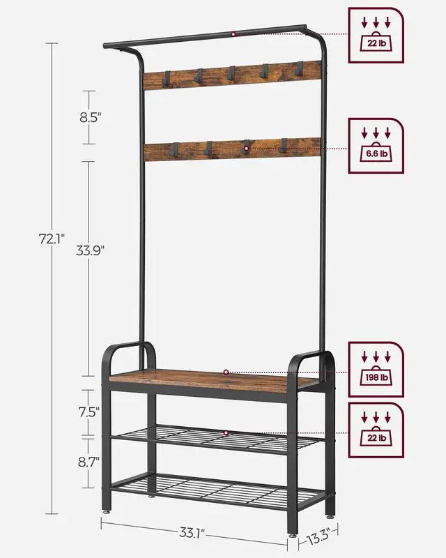 Alt view image 5 of 7 - VASAGLE Coat Rack, Hall Tree with Shoe Bench for Entryway, Entryway Bench with Coat Rack, 4-in-1, with 9 Removable Hooks, a Hanging Rod, 13.3 x 33.1 x 72.1 Inches, Rustic Brown and Black UHSR400B01