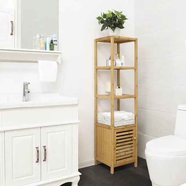 Alt view image 2 of 7 - SONGMICS Bamboo Bathroom Storage Floor Cabinet, 4 Tiers Multifunctional Floor Shelving Unit, Free Standing Tower Corner Rack, Natural UBCB50Y