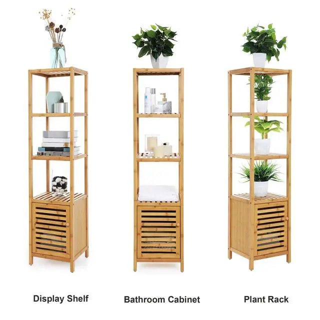 Alt view image 5 of 7 - SONGMICS Bamboo Bathroom Storage Floor Cabinet, 4 Tiers Multifunctional Floor Shelving Unit, Free Standing Tower Corner Rack, Natural UBCB50Y