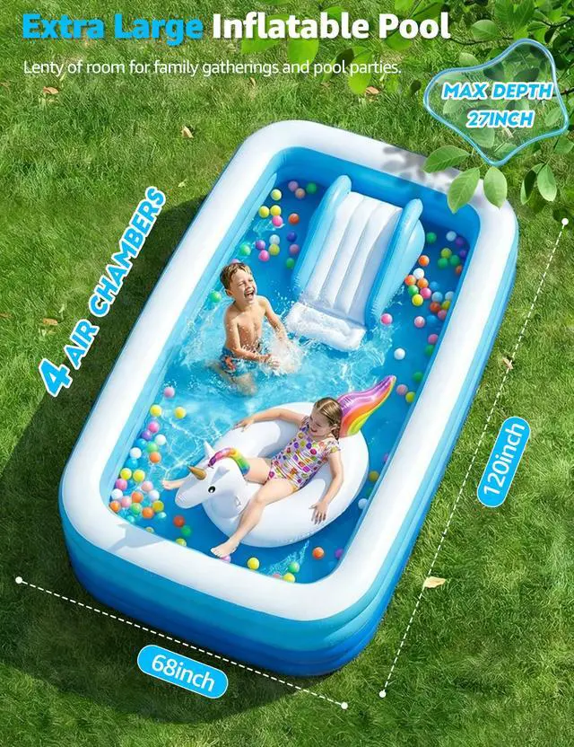 Alt view image 2 of 6 - 120" Large Inflatable Pool for Kids & Family, 4-Layer Thickened Blow Up Pool (Stronger Than 3-Layer), 0.32mm Heavy Duty PVC, Durable Swimming Pool for Adults, Kids & Pets Backyard Summer Blue
