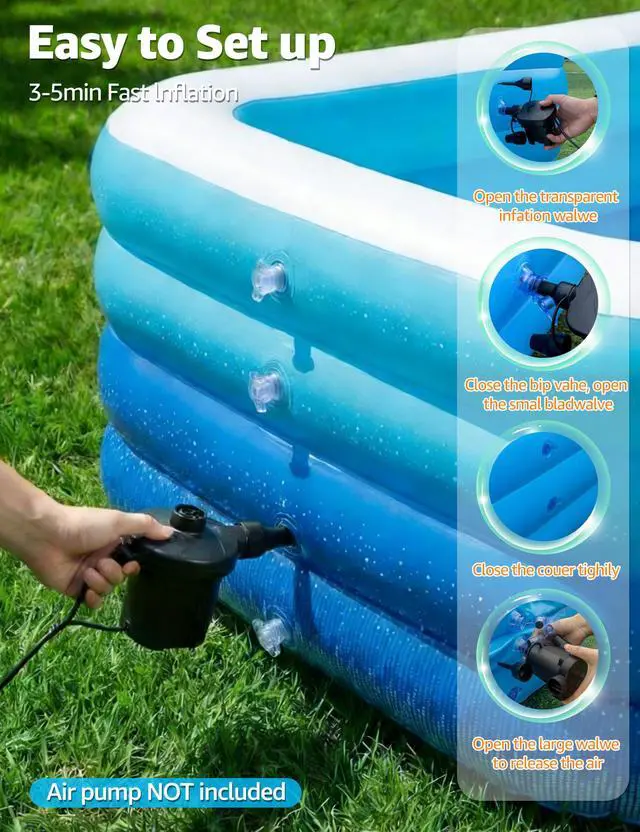 Alt view image 4 of 6 - 120" Large Inflatable Pool for Kids & Family, 4-Layer Thickened Blow Up Pool (Stronger Than 3-Layer), 0.32mm Heavy Duty PVC, Durable Swimming Pool for Adults, Kids & Pets Backyard Summer Blue