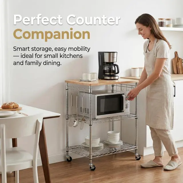 Alt view image 4 of 7 - Finnhomy 3-Tier Rolling Kitchen Cart, Microwave Cart with Oak Wood Tabletop and Drawer Slider, Coffee Cart & Food Service Cart with Hooks, Chrome