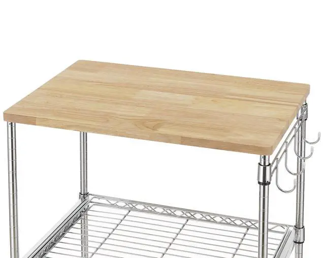 Alt view image 7 of 7 - Finnhomy 3-Tier Rolling Kitchen Cart, Microwave Cart with Oak Wood Tabletop and Drawer Slider, Coffee Cart & Food Service Cart with Hooks, Chrome