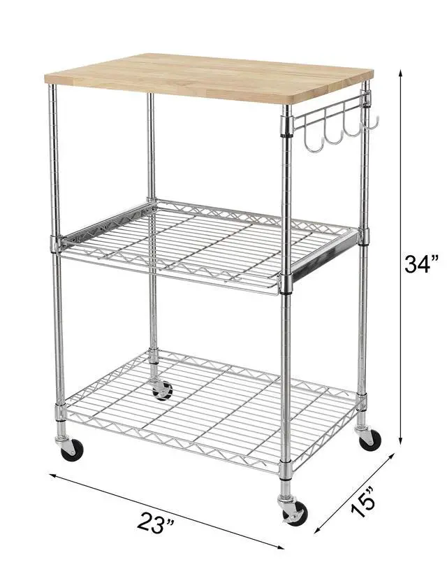 Alt view image 3 of 7 - Finnhomy 3-Tier Rolling Kitchen Cart, Microwave Cart with Oak Wood Tabletop and Drawer Slider, Coffee Cart & Food Service Cart with Hooks, Chrome