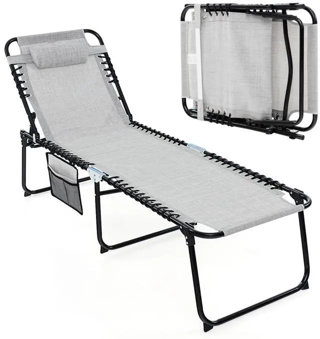 Main image of Tangkula Beach Lounge Chair for Outside, Folding Chaise Lounge Outdoor with 4-Position Backrest, Removable Headrest and Side Pocket, Portable Sunbathing Tanning Chair for Patio, Poolside (1, Grey)