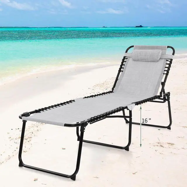 Alt view image 3 of 7 - Tangkula Beach Lounge Chair for Outside, Folding Chaise Lounge Outdoor with 4-Position Backrest, Removable Headrest and Side Pocket, Portable Sunbathing Tanning Chair for Patio, Poolside (1, Grey)