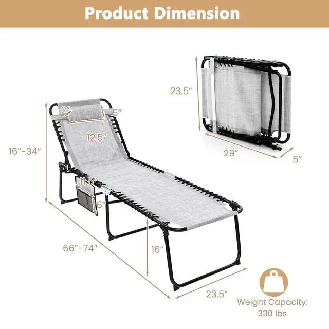 Alt view image 4 of 7 - Tangkula Beach Lounge Chair for Outside, Folding Chaise Lounge Outdoor with 4-Position Backrest, Removable Headrest and Side Pocket, Portable Sunbathing Tanning Chair for Patio, Poolside (1, Grey)