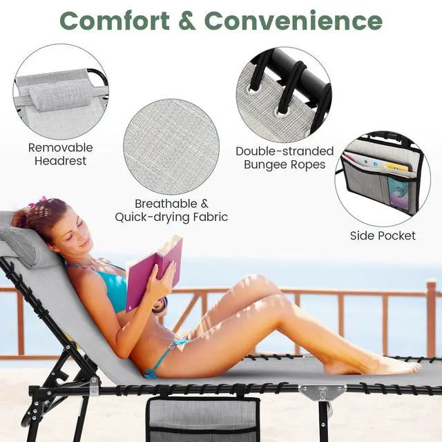 Alt view image 7 of 7 - Tangkula Beach Lounge Chair for Outside, Folding Chaise Lounge Outdoor with 4-Position Backrest, Removable Headrest and Side Pocket, Portable Sunbathing Tanning Chair for Patio, Poolside (1, Grey)