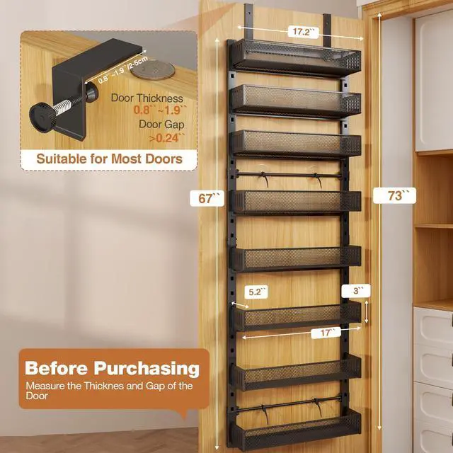 Alt view image 2 of 7 - Pantry Door Organizers and Storage, 8-Tier Large Metal Heavy-Duty Frame Over the Door Spice Rack, 2 in 1 Wall-Mounted or Hanging shelf for Kitchen, Bathroom, Laundry Room, Bedroom, Closet &Nursery