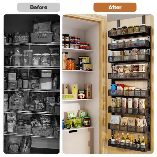Alt view image 7 of 7 - Pantry Door Organizers and Storage, 8-Tier Large Metal Heavy-Duty Frame Over the Door Spice Rack, 2 in 1 Wall-Mounted or Hanging shelf for Kitchen, Bathroom, Laundry Room, Bedroom, Closet &Nursery
