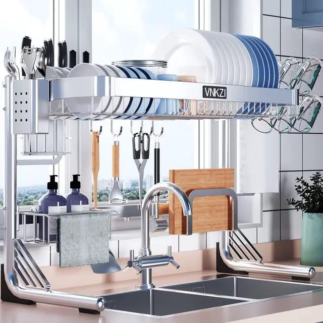 Main image of VNKZI Over Sink Dish Drying Rack, 2 Tier Full Stainless Steel Storage Adjustable Length (25.98'' to 36.61'') Kitchen Rack, Multifunctional Expandable Counter Organizer, Space Saver Dish Rack