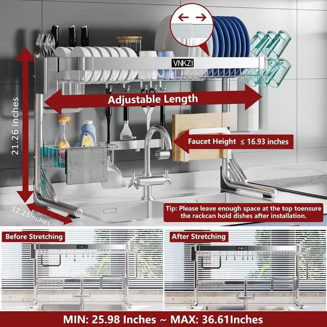 Alt view image 2 of 6 - VNKZI Over Sink Dish Drying Rack, 2 Tier Full Stainless Steel Storage Adjustable Length (25.98'' to 36.61'') Kitchen Rack, Multifunctional Expandable Counter Organizer, Space Saver Dish Rack