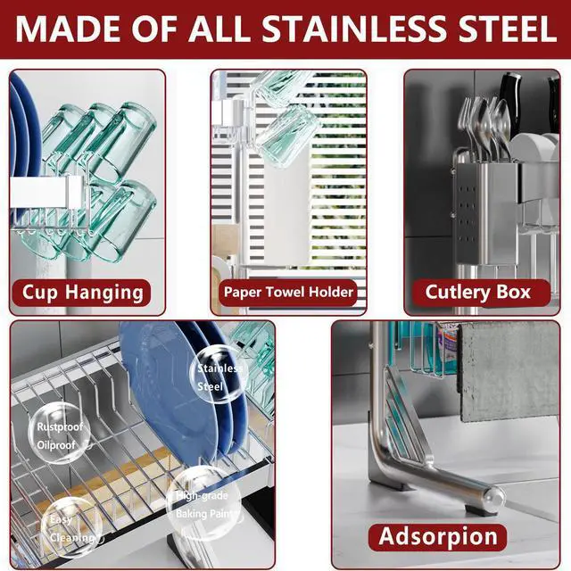 Alt view image 3 of 6 - VNKZI Over Sink Dish Drying Rack, 2 Tier Full Stainless Steel Storage Adjustable Length (25.98'' to 36.61'') Kitchen Rack, Multifunctional Expandable Counter Organizer, Space Saver Dish Rack