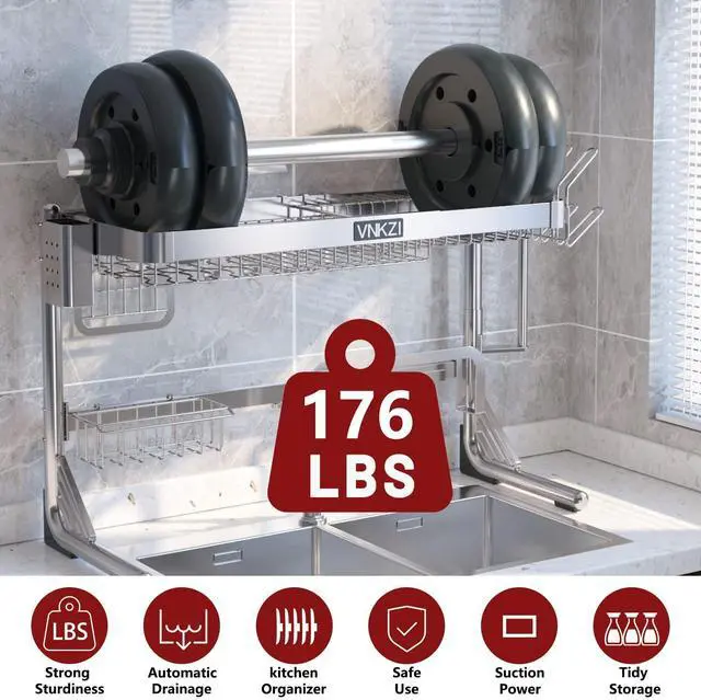 Alt view image 4 of 6 - VNKZI Over Sink Dish Drying Rack, 2 Tier Full Stainless Steel Storage Adjustable Length (25.98'' to 36.61'') Kitchen Rack, Multifunctional Expandable Counter Organizer, Space Saver Dish Rack