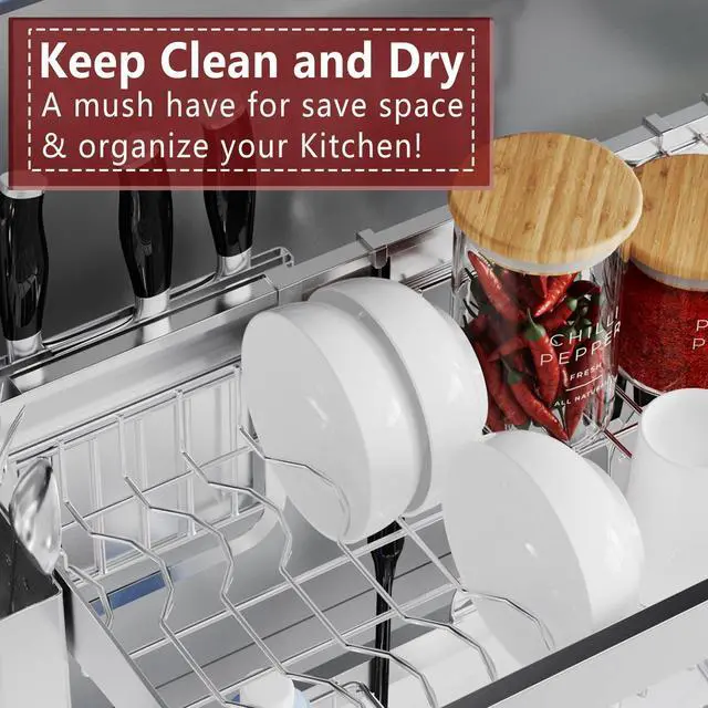 Alt view image 5 of 6 - VNKZI Over Sink Dish Drying Rack, 2 Tier Full Stainless Steel Storage Adjustable Length (25.98'' to 36.61'') Kitchen Rack, Multifunctional Expandable Counter Organizer, Space Saver Dish Rack