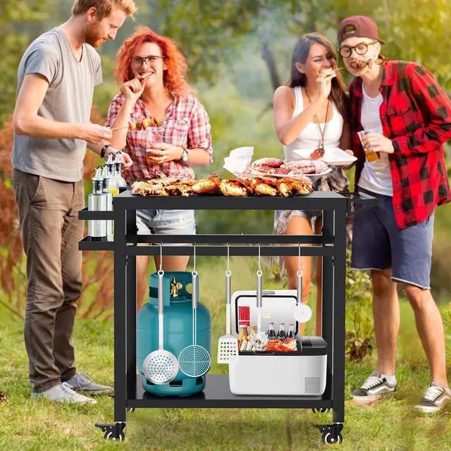 Alt view image 5 of 7 - RAXSINYER 20"x32" Double-Shelf Grill Table Movable Grill Cart, Outdoor Food Prep and Pizza Oven Table, Grill Stand Fits Blackstone Griddle 17" 22"