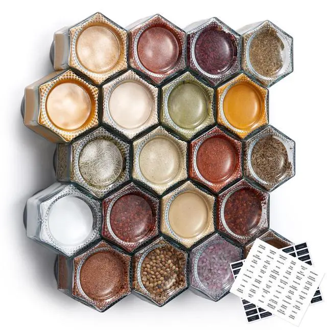 Main image of Homazing Set of 20 Large 4oz Magnetic Spice Jars for Refrigerator, Hexagon Glass Magnetic Spice Jars with Shaker Lids and Labels for Kitchen RV Travel Trailer, Magnetic Spice Containers for Fridge