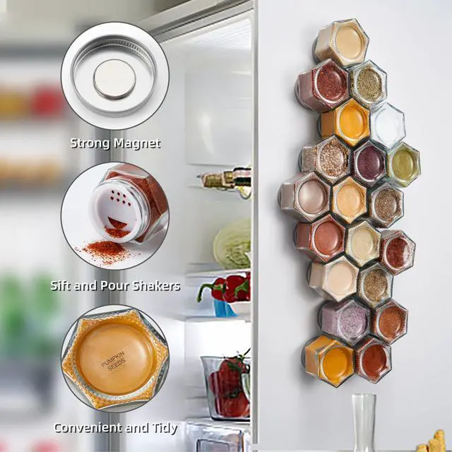 Alt view image 4 of 7 - Homazing Set of 20 Large 4oz Magnetic Spice Jars for Refrigerator, Hexagon Glass Magnetic Spice Jars with Shaker Lids and Labels for Kitchen RV Travel Trailer, Magnetic Spice Containers for Fridge