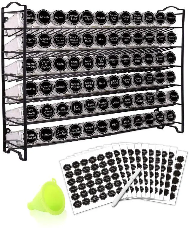Main image of SWOMMOLY Spice Rack Organizer with 72 Empty Square Spice Jars, 340 Spice Labels with Chalk Marker and Funnel Complete Set,for Countertop,Cabinet or Wall Mount, Black
