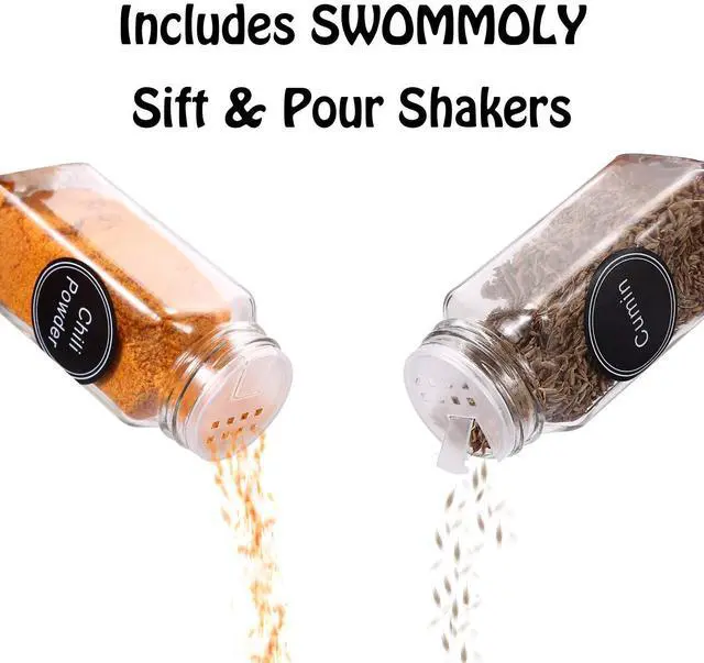Alt view image 6 of 7 - SWOMMOLY Spice Rack Organizer with 72 Empty Square Spice Jars, 340 Spice Labels with Chalk Marker and Funnel Complete Set,for Countertop,Cabinet or Wall Mount, Black