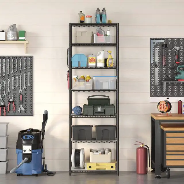 Alt view image 3 of 7 - SONGMICS 7-Tier Storage Shelves, Wire Shelving Unit, Kitchen Metal Shelves, Storage Rack with Adjustable Shelves, Shelf Liners, 8 Hooks, for Garage, 13.4 x 23.2 x 70.9 Inches, Black ULGR067B01