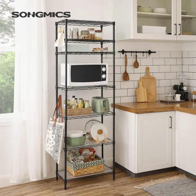Alt view image 2 of 7 - SONGMICS 7-Tier Storage Shelves, Wire Shelving Unit, Kitchen Metal Shelves, Storage Rack with Adjustable Shelves, Shelf Liners, 8 Hooks, for Garage, 13.4 x 23.2 x 70.9 Inches, Black ULGR067B01