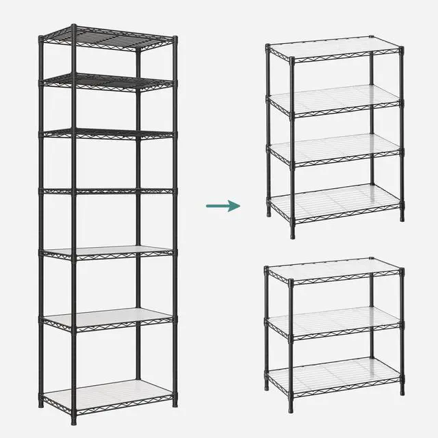 Alt view image 4 of 7 - SONGMICS 7-Tier Storage Shelves, Wire Shelving Unit, Kitchen Metal Shelves, Storage Rack with Adjustable Shelves, Shelf Liners, 8 Hooks, for Garage, 13.4 x 23.2 x 70.9 Inches, Black ULGR067B01