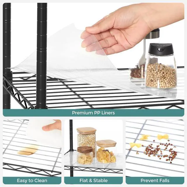 Alt view image 6 of 7 - SONGMICS 7-Tier Storage Shelves, Wire Shelving Unit, Kitchen Metal Shelves, Storage Rack with Adjustable Shelves, Shelf Liners, 8 Hooks, for Garage, 13.4 x 23.2 x 70.9 Inches, Black ULGR067B01