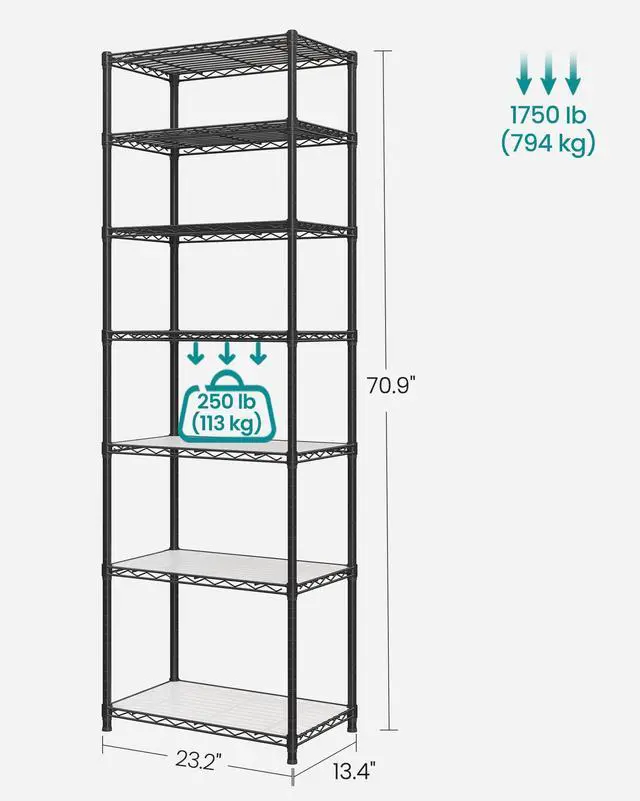Alt view image 7 of 7 - SONGMICS 7-Tier Storage Shelves, Wire Shelving Unit, Kitchen Metal Shelves, Storage Rack with Adjustable Shelves, Shelf Liners, 8 Hooks, for Garage, 13.4 x 23.2 x 70.9 Inches, Black ULGR067B01