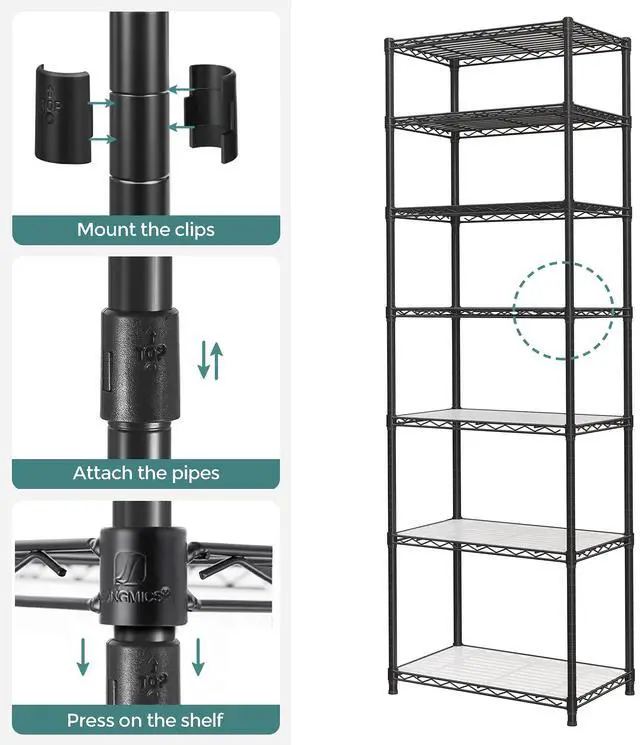 Alt view image 5 of 7 - SONGMICS 7-Tier Storage Shelves, Wire Shelving Unit, Kitchen Metal Shelves, Storage Rack with Adjustable Shelves, Shelf Liners, 8 Hooks, for Garage, 13.4 x 23.2 x 70.9 Inches, Black ULGR067B01
