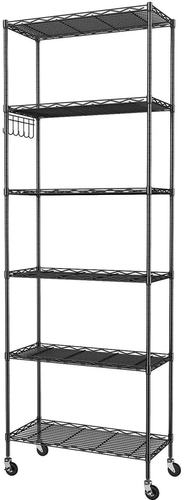 Main image of Homdox 6-Tier Storage Shelf Wire Shelving Unit Free Standing Rack Organization with Caster Wheels, Stainless Side Hooks, Black